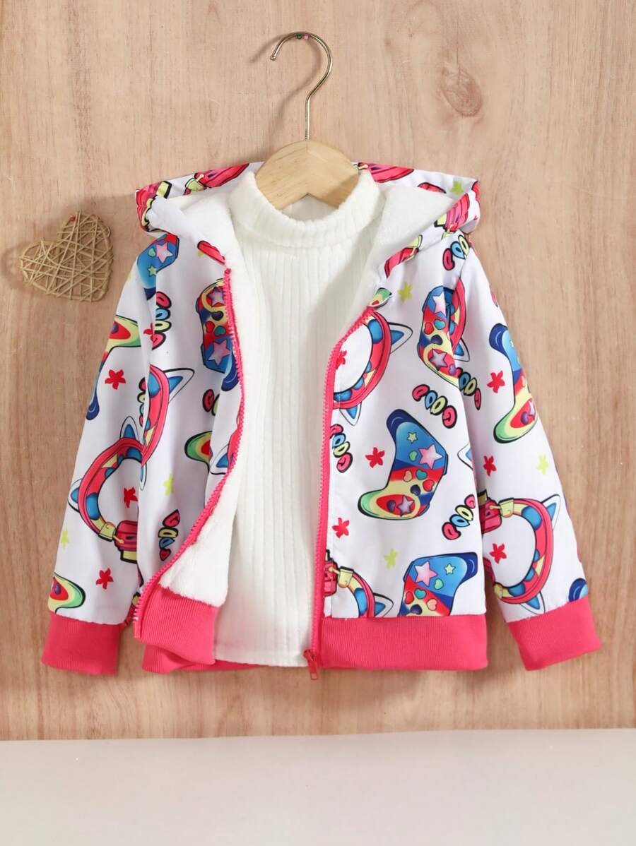 SHEIN Kleines Mädchen Jacke mit All Over Print Reißverschluss, Thermal Futter, Kapuze, ohne Pullover