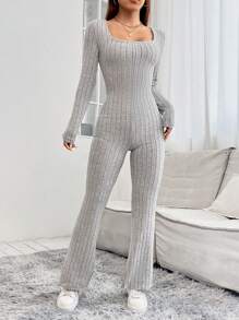 SHEIN PETITE Square Neck Ribbed Knit Flare Leg Jumpsuit - Grey - View 4