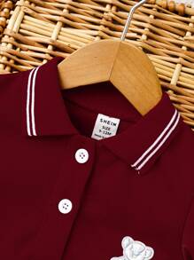 SHEIN 女嬰鐳射熊貼布條紋飾邊泡泡袖Polo洋裝