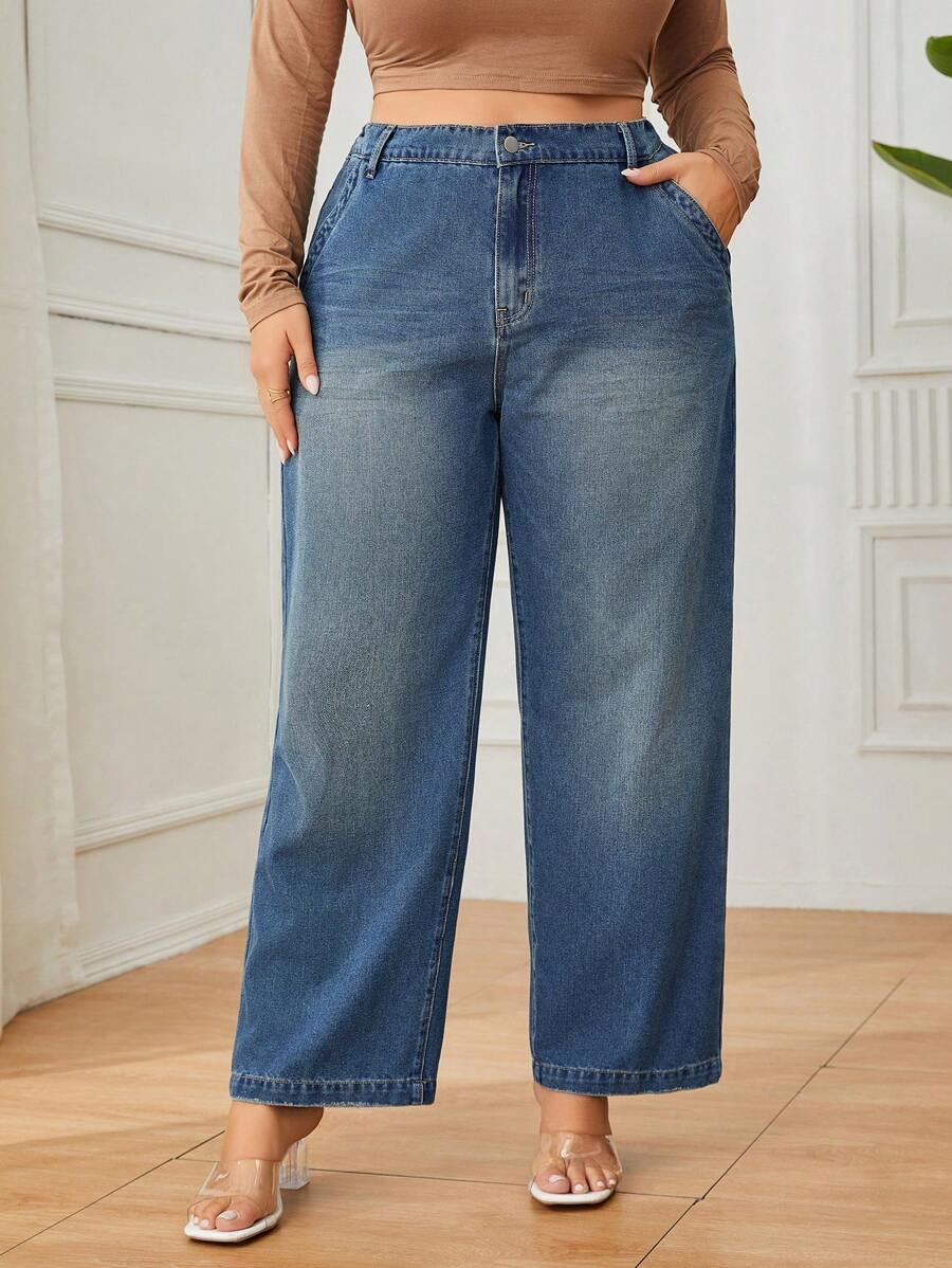 Hơn Cao eo quần ống rộng Quần jean - Rửa tối - Xem 1