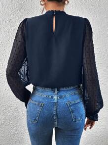 SHEIN Frenchy 圓點鏤空蕾絲花邊荷葉袖襯衫 - 藍色 - 查看 2