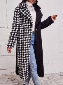 SHEIN LUNE Contrast Houndstooth Print Lapel Neck Teddy Coat Fall Cloth For Women - Black and White - View 4