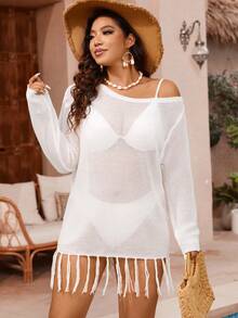 SHEIN Swim Curve Plus Size Tassel Hem Asymmetric Collar Cover Up - White - View 5