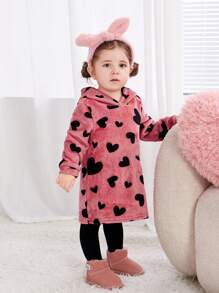 SHEIN Baby Girl Heart Print Hooded Flannel Dress