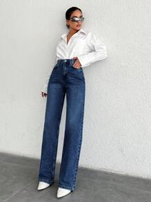 SHEIN Cottnline 100%Cotton Ladies' Zipper Fly Denim Jeans - Dark Wash - View 5