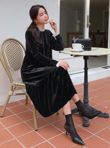 DAZY Của phụ nữ Vá lại Vòng cổ Ruffled Hem Lỏng lẻo Đầm - màu đen - Xem 5