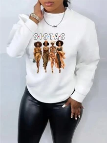 SHEIN EZwear 大尺碼女性時尚女孩字母印花運動衫 - 白色 - 查看 1