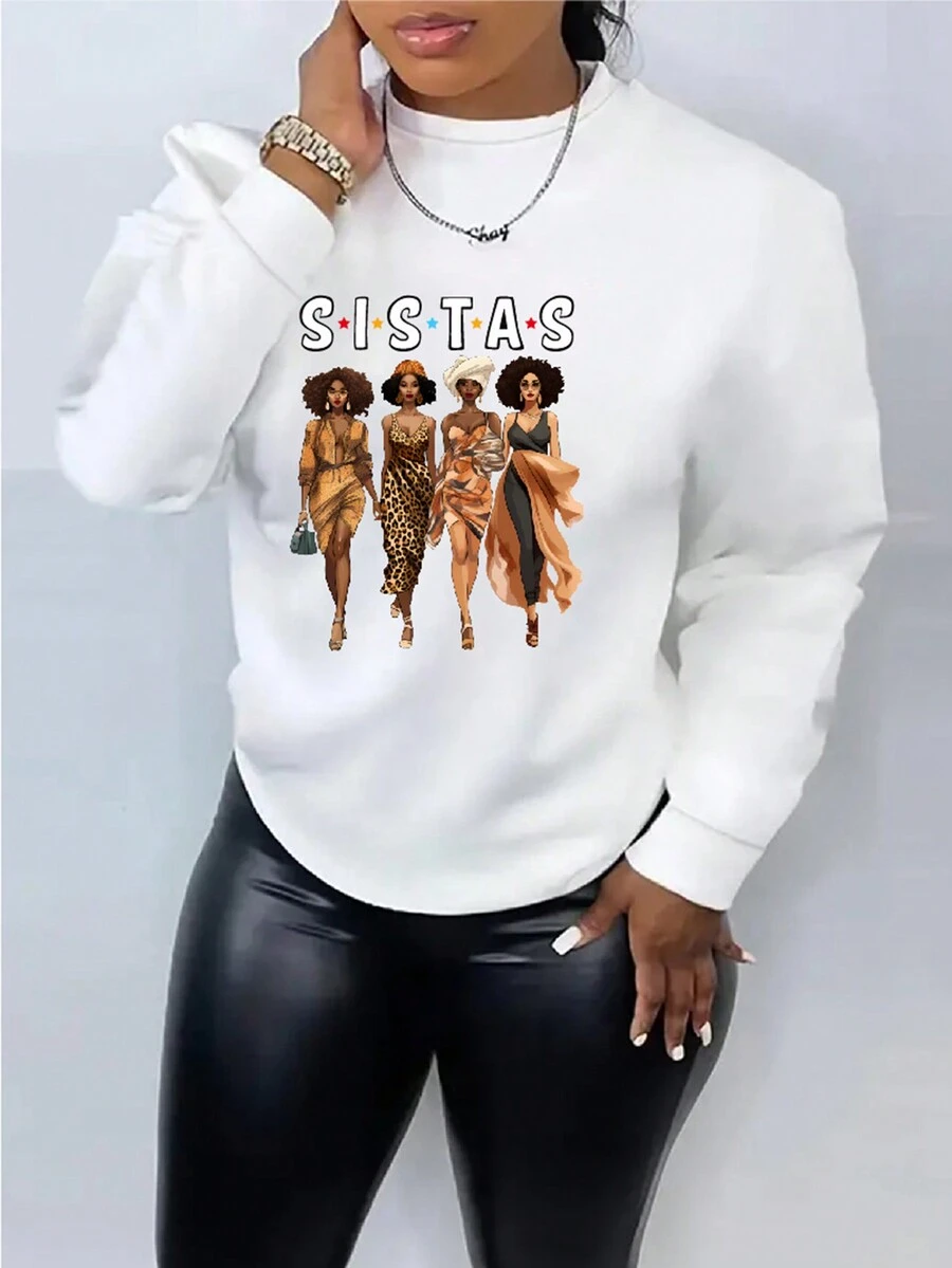 SHEIN EZwear 大尺碼女性時尚女孩字母印花運動衫 - 白色 - 查看 1