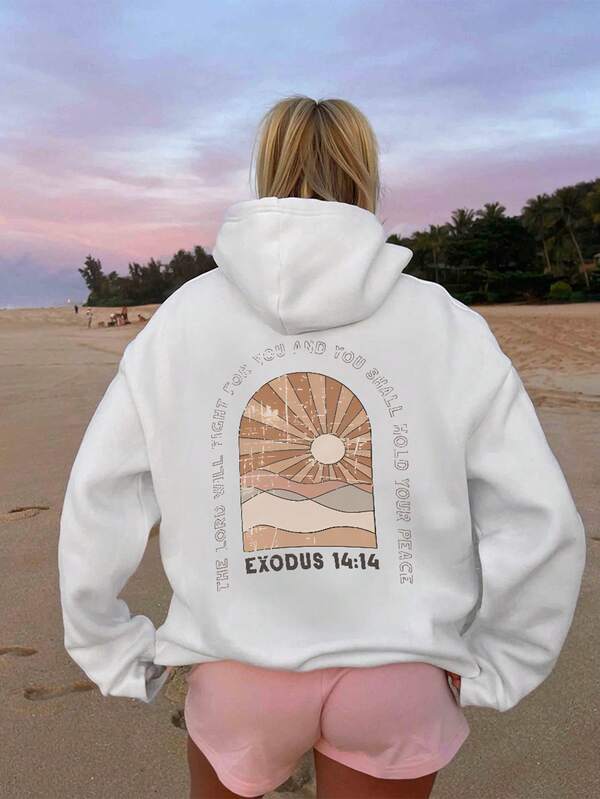 Sun & Slogan Graphic Drop Shoulder Drawstring Hoodie