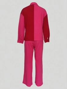 2pcs Contrast Color Collared Casual Elegant Shirt And Solid Color Pants Suit - Hot Pink - View 2