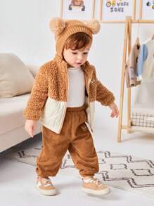 SHEIN 加厚立領寶寶男童外套褲套裝,冬季穿搭 - 卡其色 - 查看 6