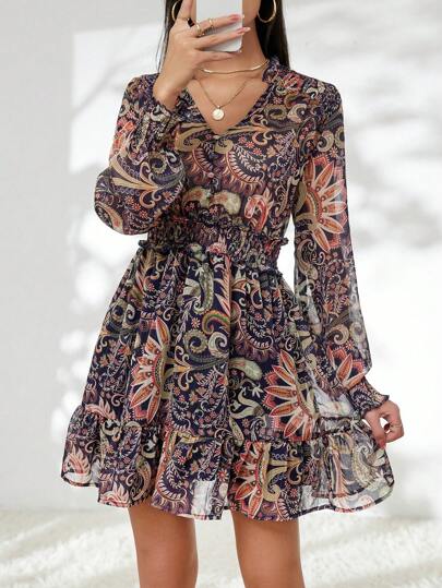 Aveloria Rosie Vestido con volantes en el bajo con estampado de plantas para vacaciones para mujer