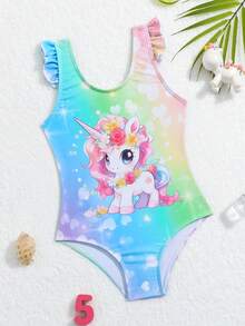Traje De Baño Con Tirantes Y Volantes Para Bebé Niña Con Estampado De Unicornio - Multicolor - Ver 3