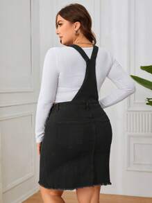 SHEIN Privé 女裝大碼牛仔連身裙，設有貼袋、鈕扣細節和劃破的襬邊 - 黑色 - 查看 2