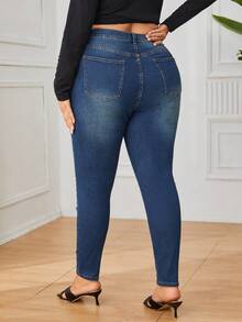 SHEIN Privé 大碼破洞緊身牛仔褲 - 藍色 - 查看 2