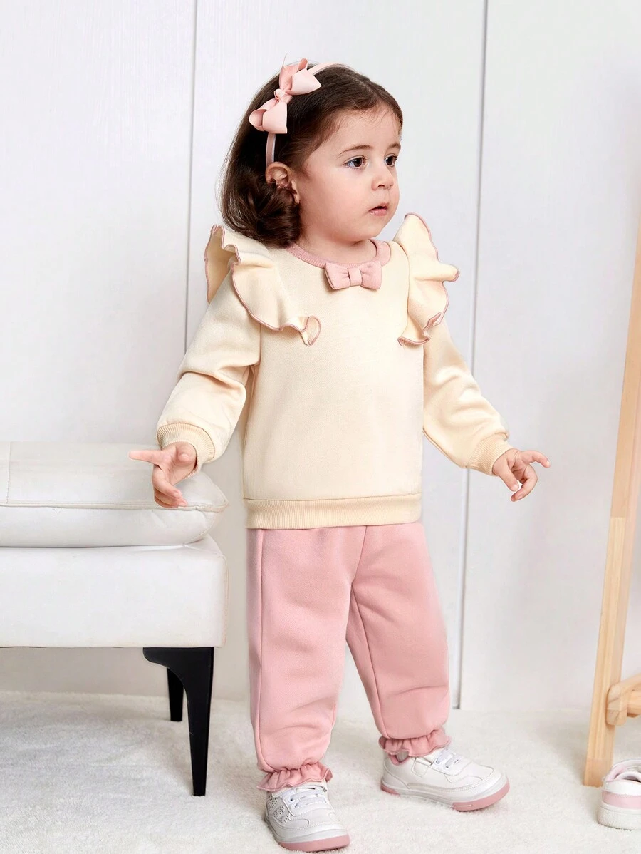 Baby Girl Ruffle Trim Bow Front Pullover & Sweatpants - Beige - View 1