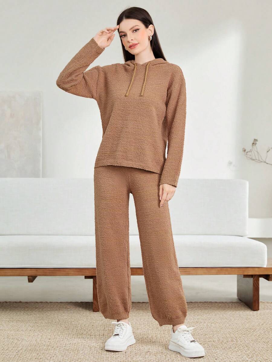 Seusyu Drop Shoulder Drawstring Hooded Sweater & Knit Pants 2 Piece Set Fall Cloth For Women - Camel - View 1