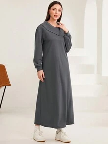 Mulvari 不對稱領拉鍊純色休閒時尚衛衣連身裙 - 深灰色 - 查看 6