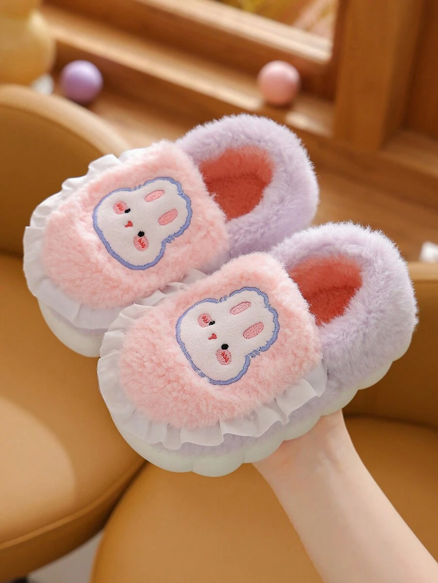 可愛兔子卡通孩子們拖鞋,冬天室內溫暖毛絨家居拖鞋鞋帶防滑鞋底