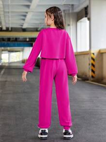 SHEIN 女大童素色背心上衣&超短版套頭衫和運動褲 - 玫紅色 - 查看 2