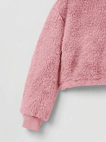 SHEIN Tween Girl Heart Embroidery Drop Shoulder Teddy Sweatshirt - Dusty Pink - View 4