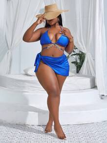 Slaydiva Summer Beach Plus Ozdoba ze strasami Zestaw bikini w kształcie trójkąta z halterem i spódnicą plażową