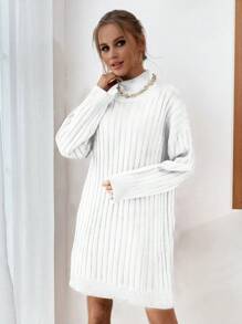 EURMUSE High Neck Drop Shoulder Sweater Dress Without Belt - White - View 6