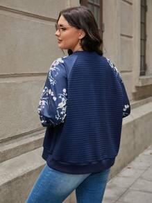 SHEIN LUNE Plus Floral Print Raglan Sleeve Bomber Jacket - Navy Blue - View 2