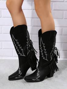 復古流蘇騎士及膝時尚靴秋冬新款西歐歐美牛仔修身長靴女