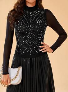 SHEIN Tall 水鑽細節網紗拼接T恤 - 黑色 - 查看 1