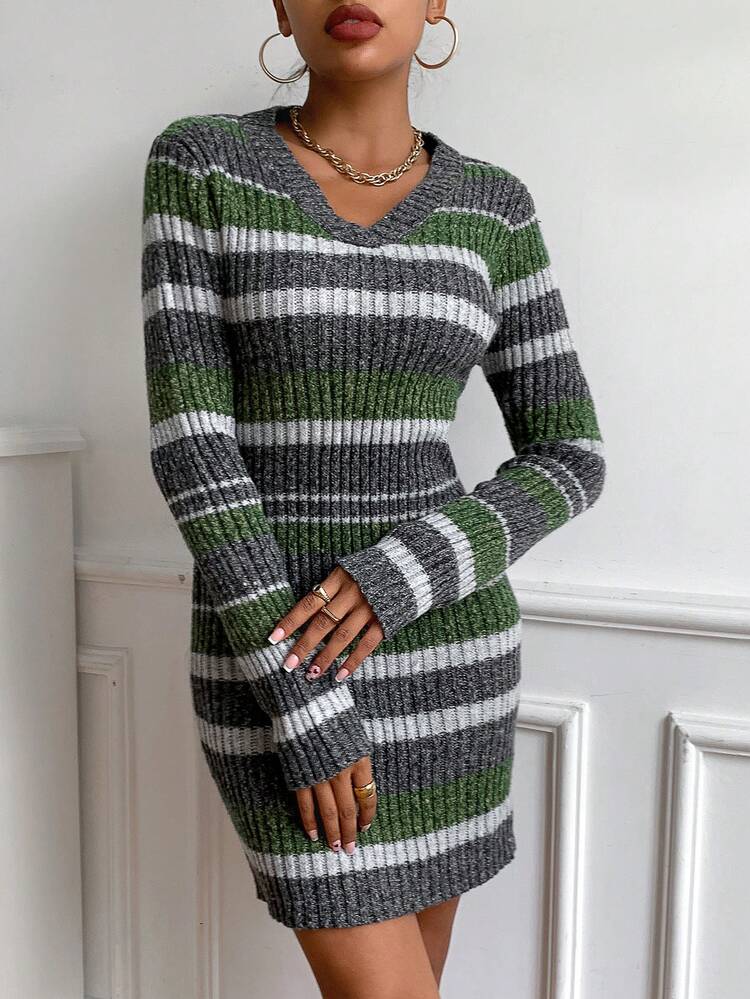 Striped Pattern Sweater Dress Fall Cloth For Women