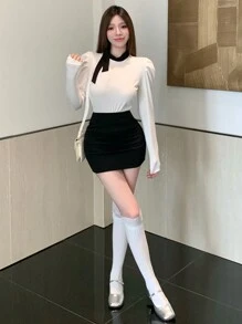 Dazy Star Viền tương phản Cà vạt Ống tay áo Áo thun - trắng - Xem 8