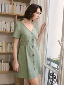 SHEIN Frenchy Button Front Solid Dress Summer Green Casual Christmas - Mint Green - View 4
