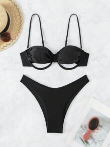 Swim SXY Summer Beach Cut Out Ruched Push Up Bikini Set - Black - View 6