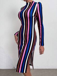 SHEIN ChicEase 條紋印花小高領高衩緊身洋裝 - 彩色 - 查看 4