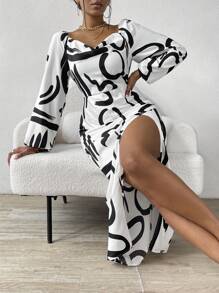 VaVaBold Allover Print Draped Collar Split Thigh Dress - White - View 5