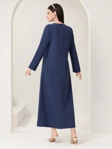 Al Najma Women's Colorful Rhinestone Embellished Straight-Cut Arabian Traditional Long Shirt Kaftan Jalabiya Dress - Navy Blue - View 2