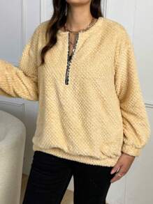 SHEIN LUNE 加大码半拉链落肩抓绒套头衫 秋季卫衣 - 杏色 - 查看 3