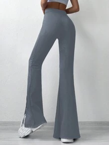 RueChic High Waist Split Hem Flare Leg Pants - Blue - View 2