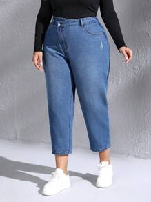 SHEIN LUNE 大碼腰部交疊錐形牛仔褲 - 中等水洗藍 - 查看 3