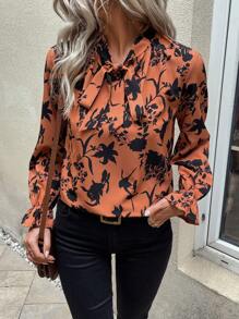 SHEIN LUNE In hoa Cà vạt tay áo lá sen Áo sơ mi - Màu Cam san hô - Xem 1