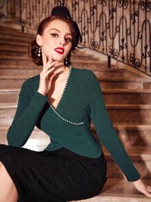 Vintamour Áo len dệt kim màu xanh lá cây Giáng sinh cổ điển thanh lịch dành cho nữ có trang trí ngọc trai - Màu xanh lá cây đậm - Xem 1