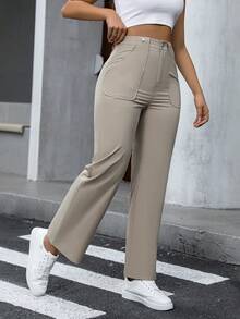 SHEIN Essnce Solid Wide Leg Pants - Khaki - View 3
