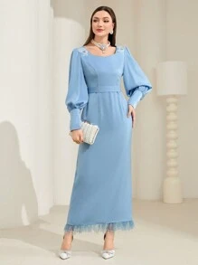 Modelyn Floral Embroidery Long Sleeve Dress Long Evening Dresses