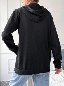 EURMUSE Zip Up Drop Shoulder Drawstring Hoodie - Black - View 2
