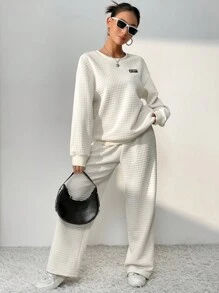 SHEIN Unity Conjunto de 2 piezas de top de manga larga con hombros caídos y pantalones de punto waffle para mujer - Albaricoque - Ver 1