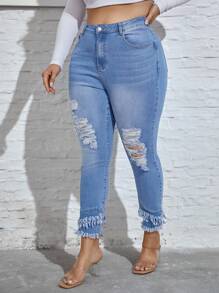 SHEIN Privé Kích thước lớn Của phụ nữ Rách Frayed Hem Co giãn Quần jean ôm - Màu xanh lam - Xem 5