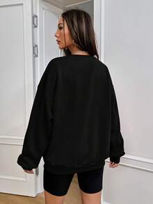 SHEIN EZwear 素色字母補丁細節落肩袖加絨內裏運動衫 - 黑色 - 查看 2