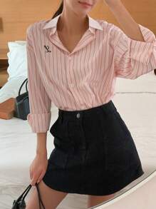 DAZY Letter Embroidered Striped Shirt - Pink - View 4