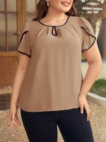 SHEIN Clasi Hơn Tương phản ràng buộc Đường viền lỗ khóa Tay áo cánh hoa Áo sơ mi - Lạc đà - Xem 1